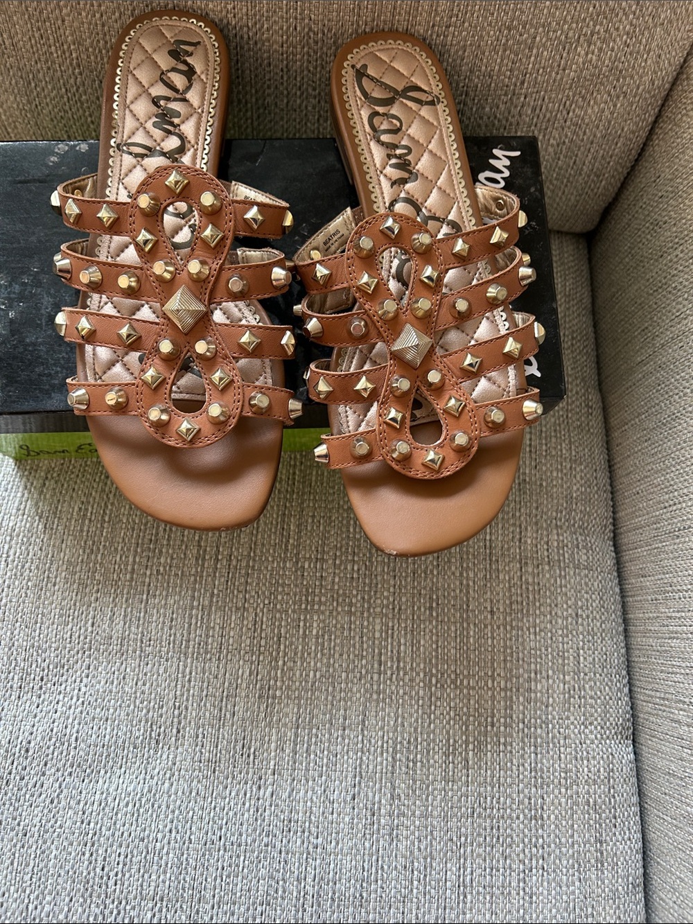 Sam Edelman Tan Leather Studded Slide Sandals